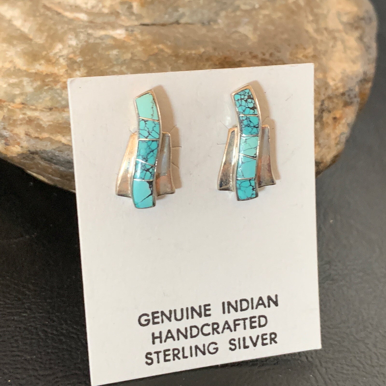 Womens Blue Spider Web Turquoise Navajo Sterling Silver Inlay Earrings 12899