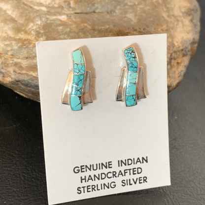 Womens Blue Spider Web Turquoise Navajo Sterling Silver Inlay Earrings 12899