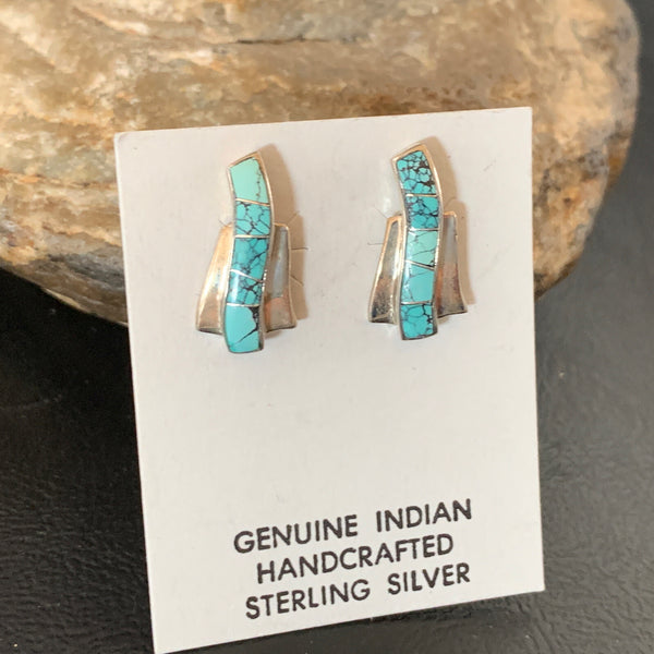 Women's Blue Spider Web Turquoise Navajo Inlay Earrings | Sterling Silver | Authentic Native American Handmade | 12899