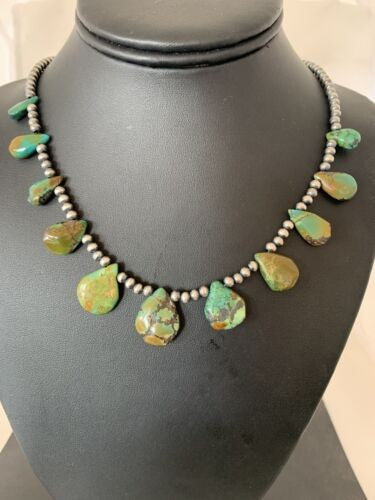 Navajo Pearls Necklace Sterling Silver & Royston Turquoise 483