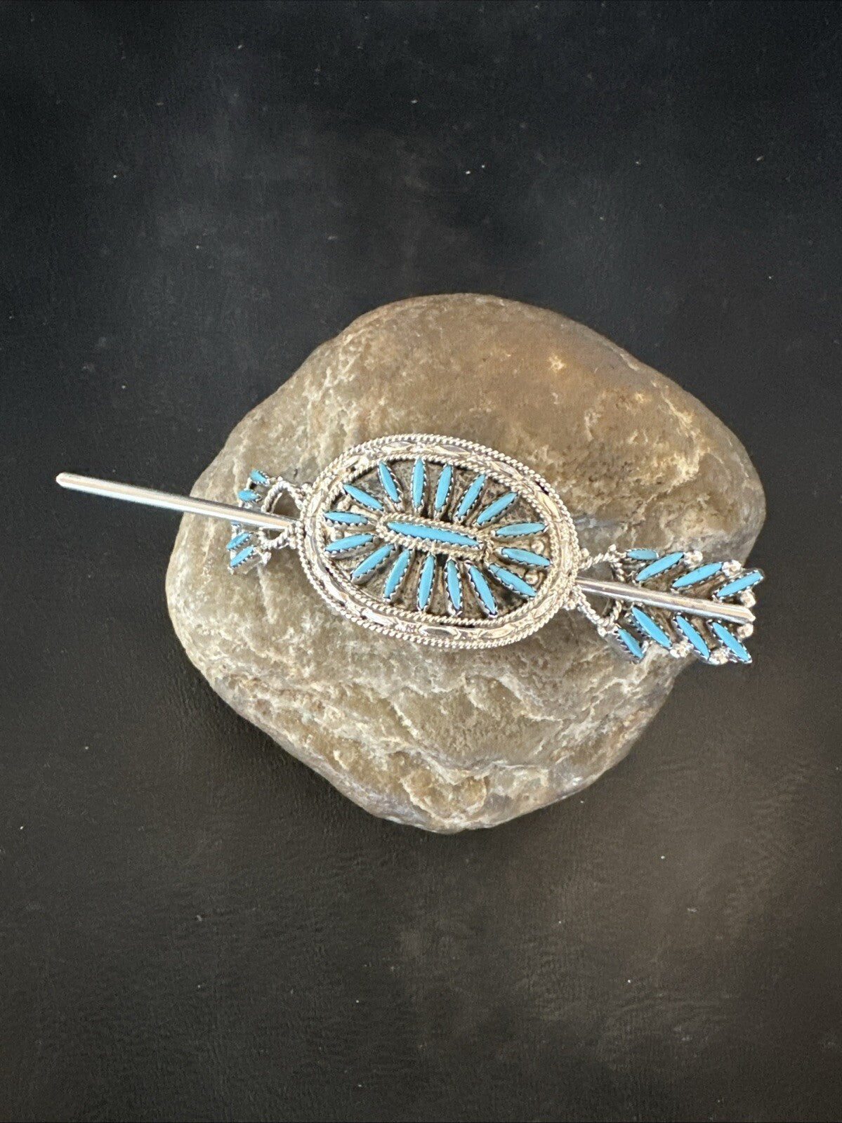A Zuni Needle Point Sterling Silver Blue Turquoise Hair Barrette 4" 18622
