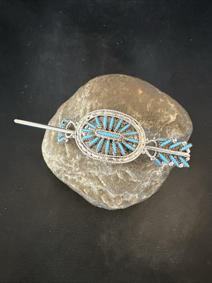 A Zuni Needle Point Sterling Silver Blue Turquoise Hair Barrette 4" 18622