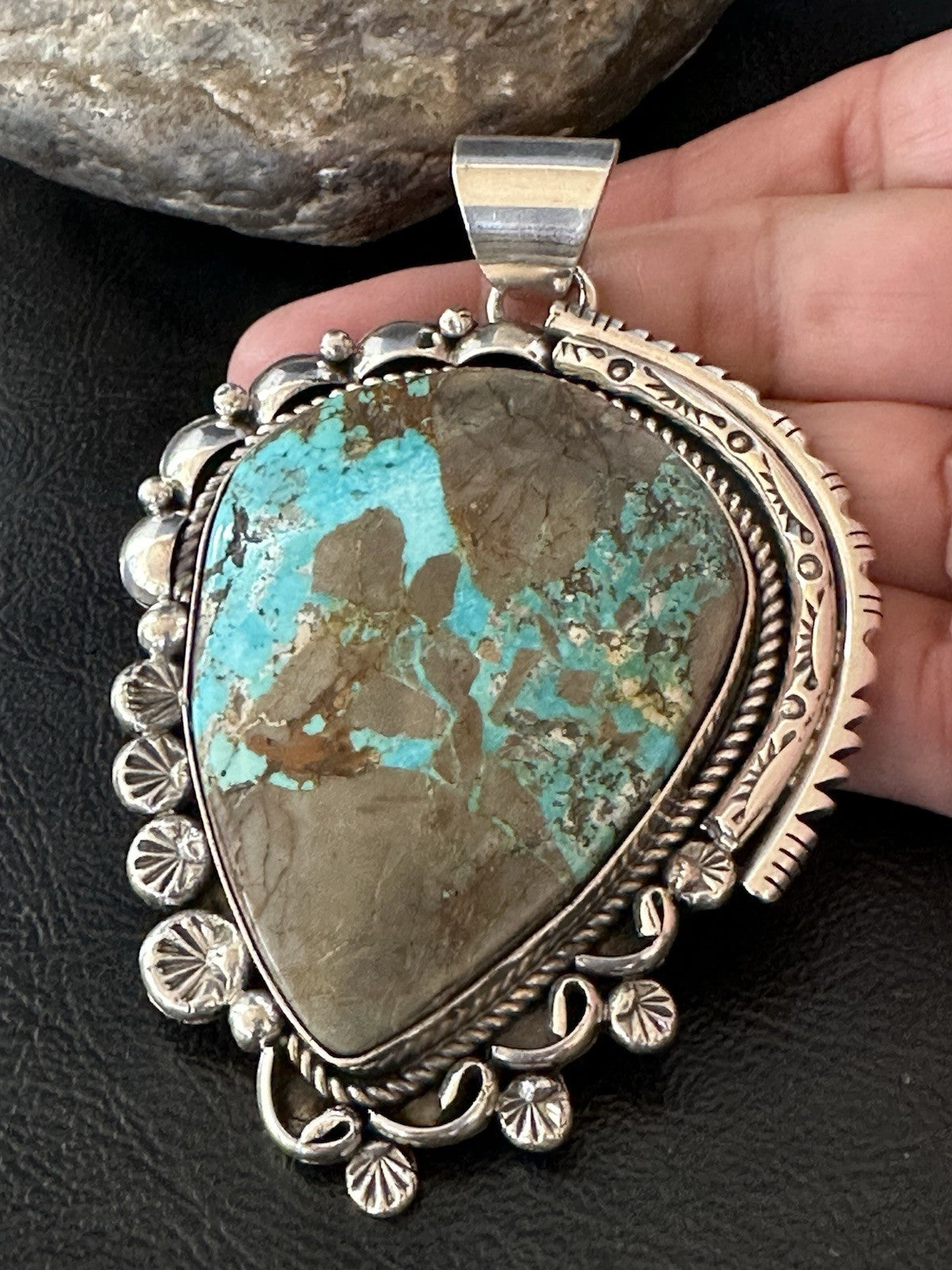 XXL Men Women Blue Turquoise Sterling Silver Pendant Navajo 19529