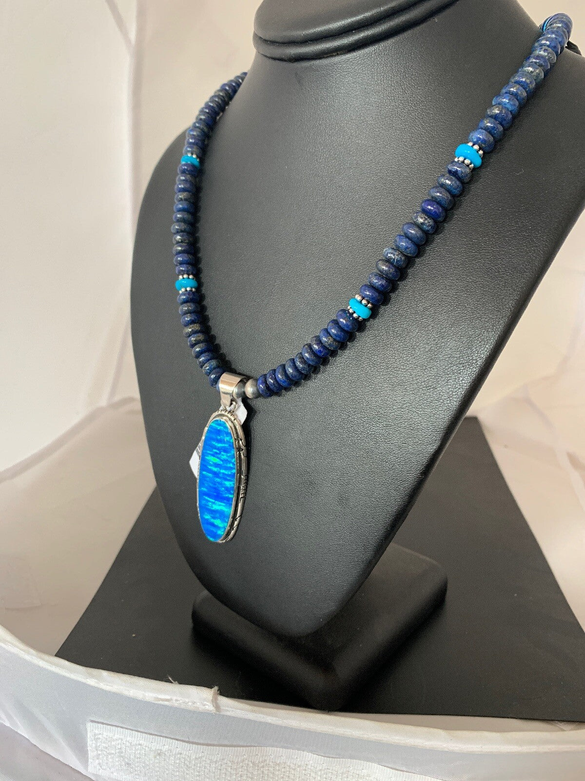 Opal Pendant Blue Lapis Turquoise Navajo Pearls Sterling Necklace 04146