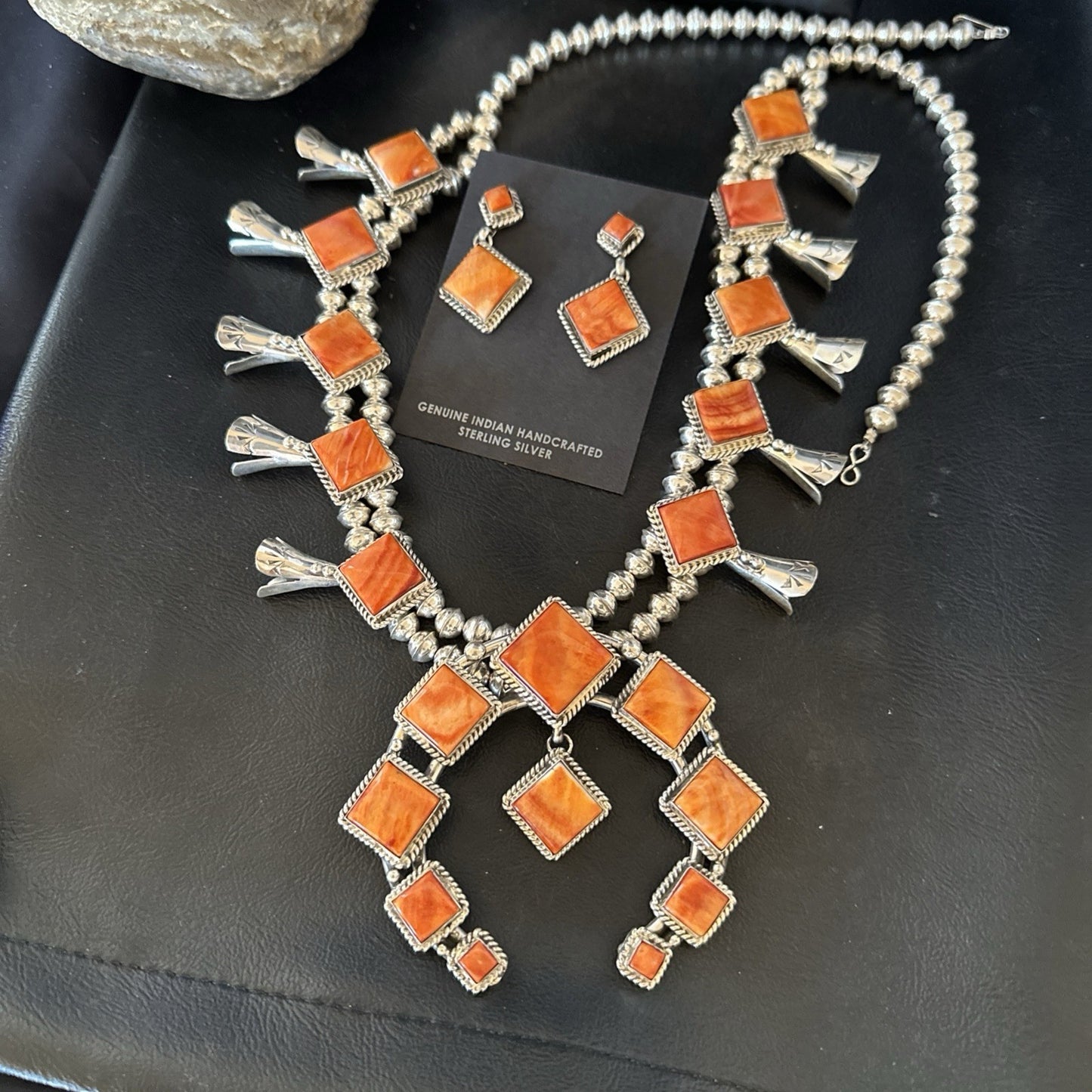 Orange Spiny Oyster Sterling Silver Squash Blossom Necklace 26" Earrings 19074