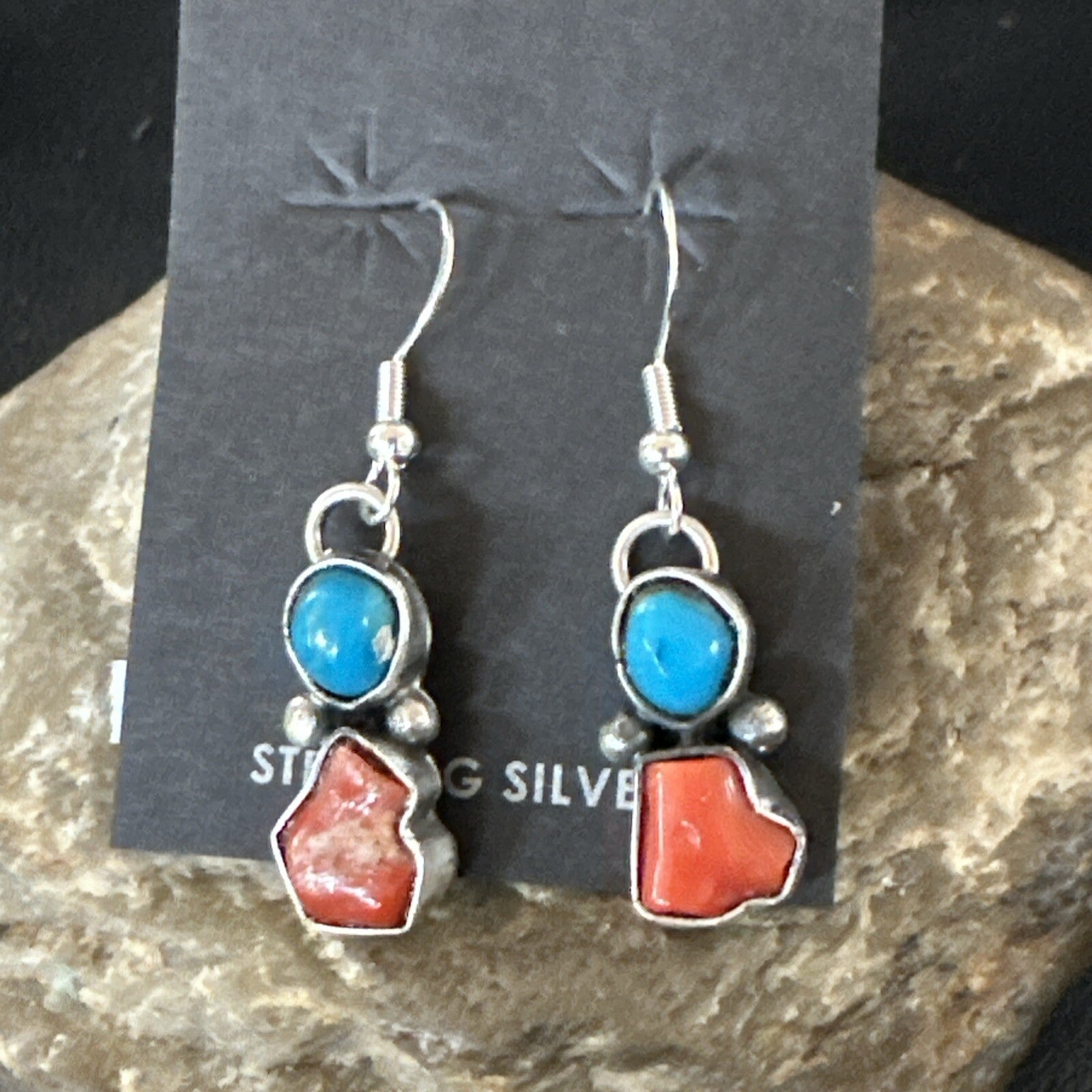 Handmade Blue Turquoise Red Coral Sterling Silver Navajo Dangle Earrings 18839