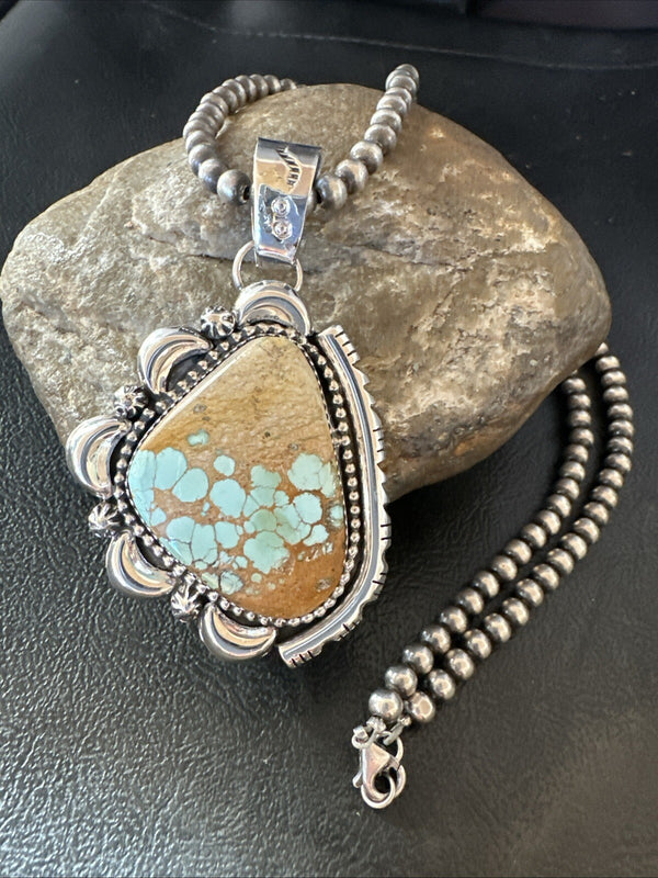Women's Royston Turquoise Pendant Navajo Pearls Necklace | Sterling Silver | Authentic Native American Handmade | 18749