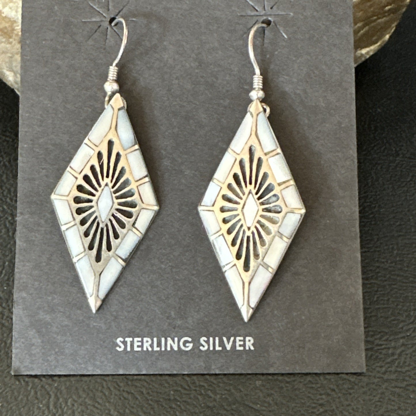 White Mother of Pearl Navajo Sterling Silver Dangle Inlay Earrings 19014