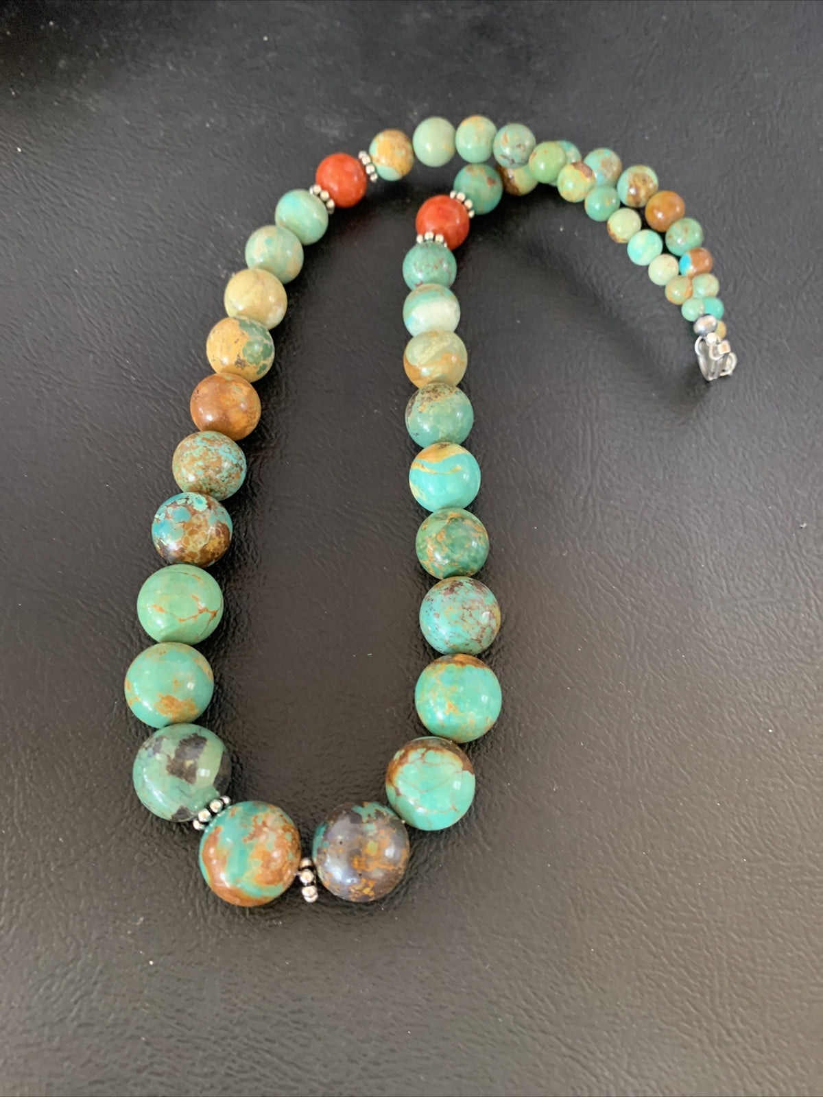 Green Turquoise Apple Coral Navajo Graduated Sterling SIlver Necklace 18" 13207N