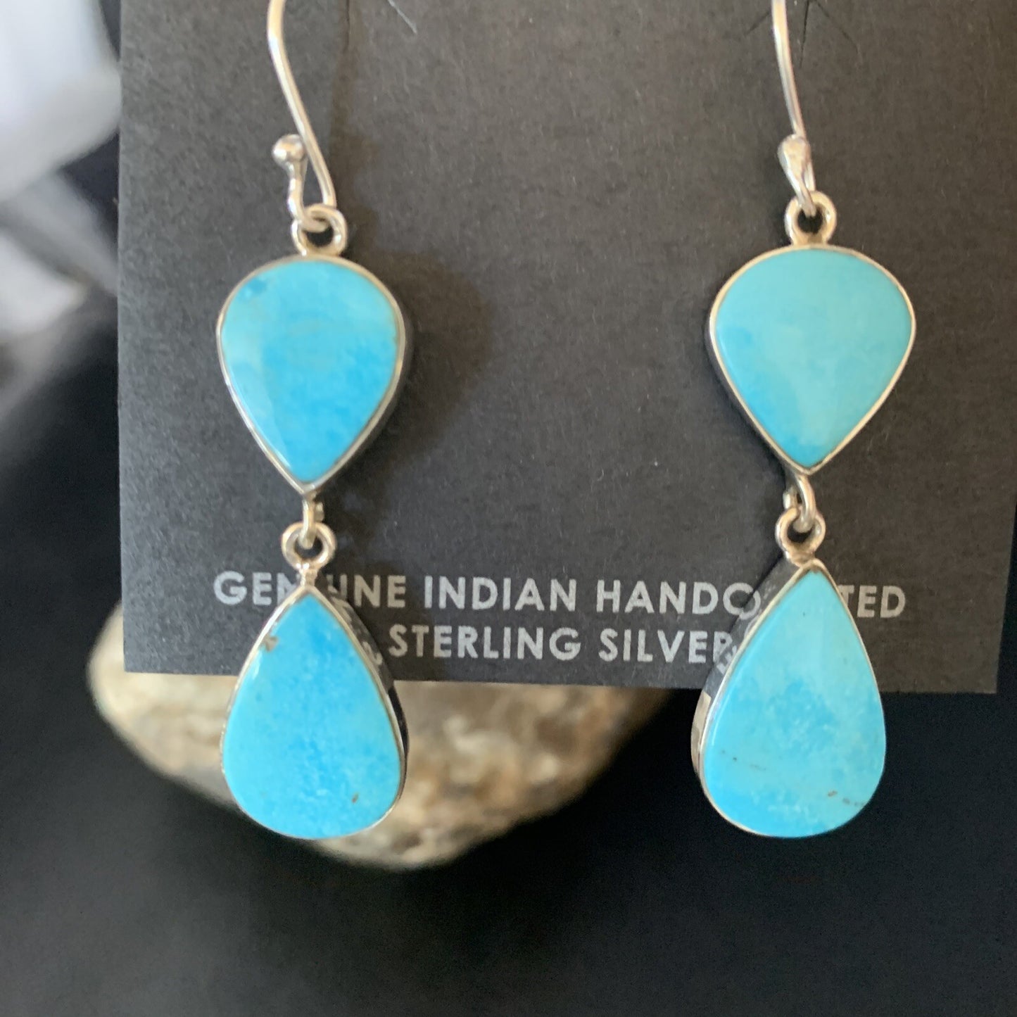 Kingman Turquoise Handmade Navajo Sterling Silver Dangle Earrings 1.75" 13897