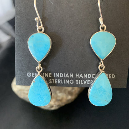 Kingman Turquoise Handmade Navajo Sterling Silver Dangle Earrings 1.75" 13897