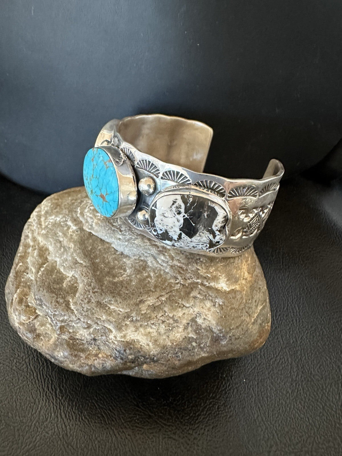 Men White Buffalo Blue Turquoise Navajo Sterling Silver Cuff Bracelet 7.3" 19429