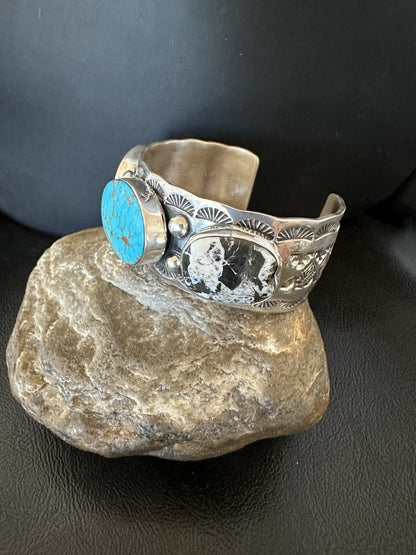 Men White Buffalo Blue Turquoise Navajo Sterling Silver Cuff Bracelet 7.3" 19429