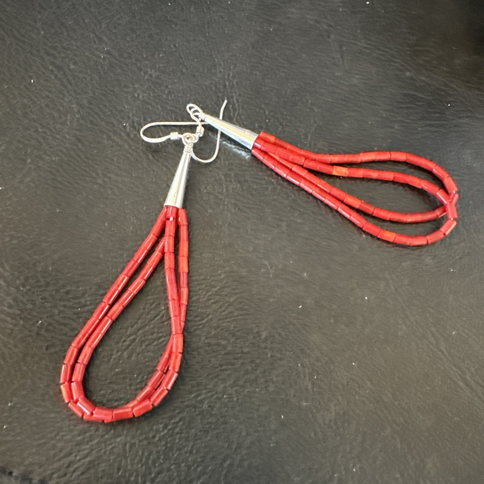 Apple Coral Tube Heishi Dangle Liquid Sterling Silver Earrings 2" 19042