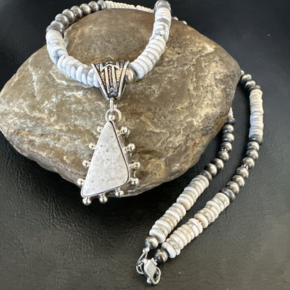 White Buffalo Turquoise Pendant Navajo Pearls Sterling Silver Necklace 22" 18257
