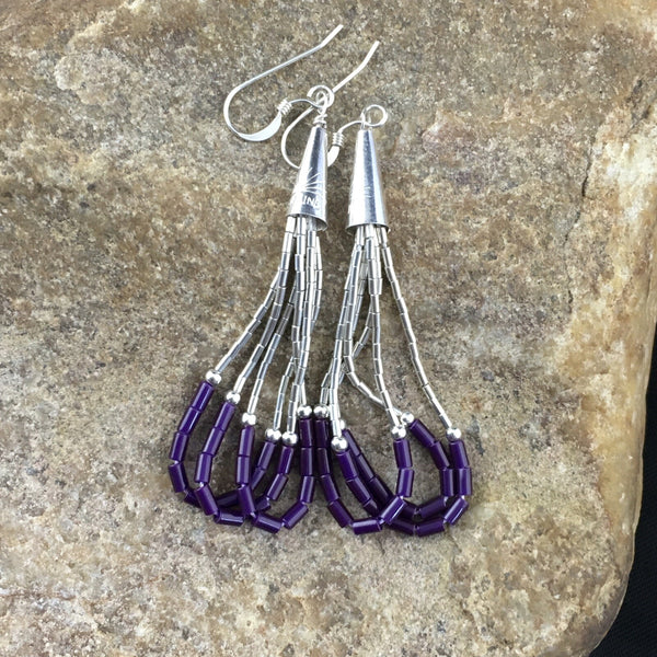 Purple Stone 3 Strands Heishi Liquid Dangle Earrings | Sterling Silver | Authentic Native American Handmade | 1997