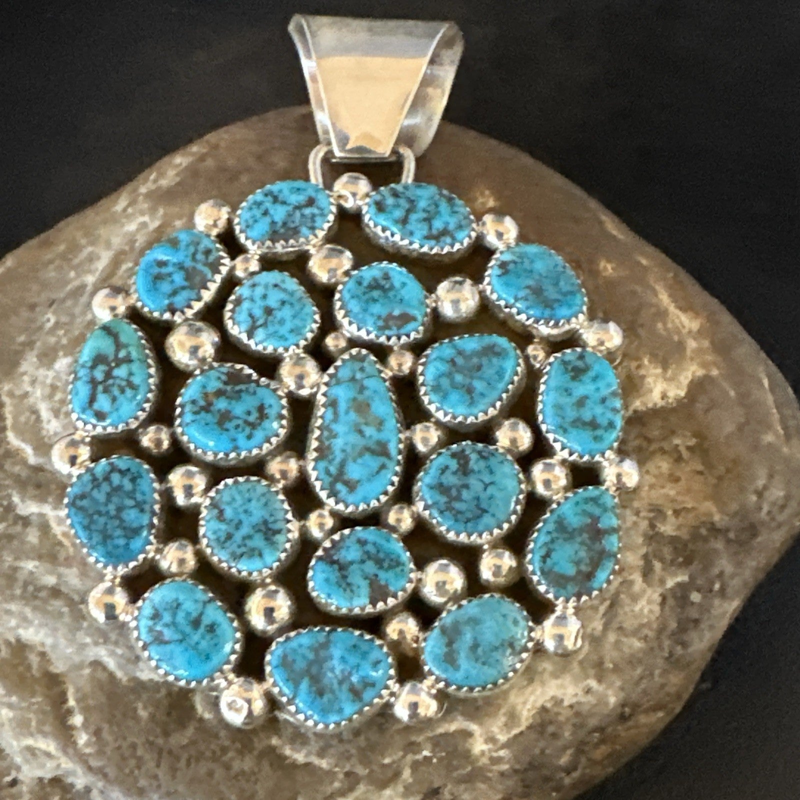 Cluster Kingman Turquoise Navajo Sterling Silver Necklace Pendant 2.75” 19082