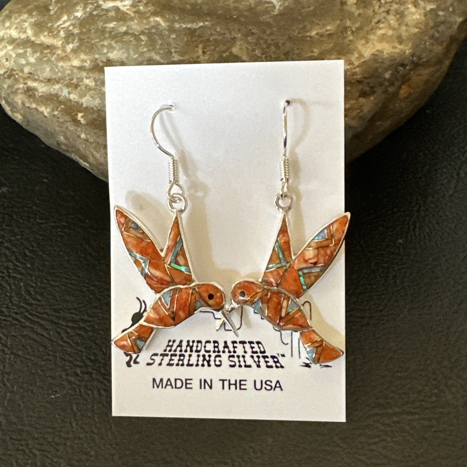 Orange Spiny Oyster Opal Sterling Silver Hummingbird Dangle Earrings 18552