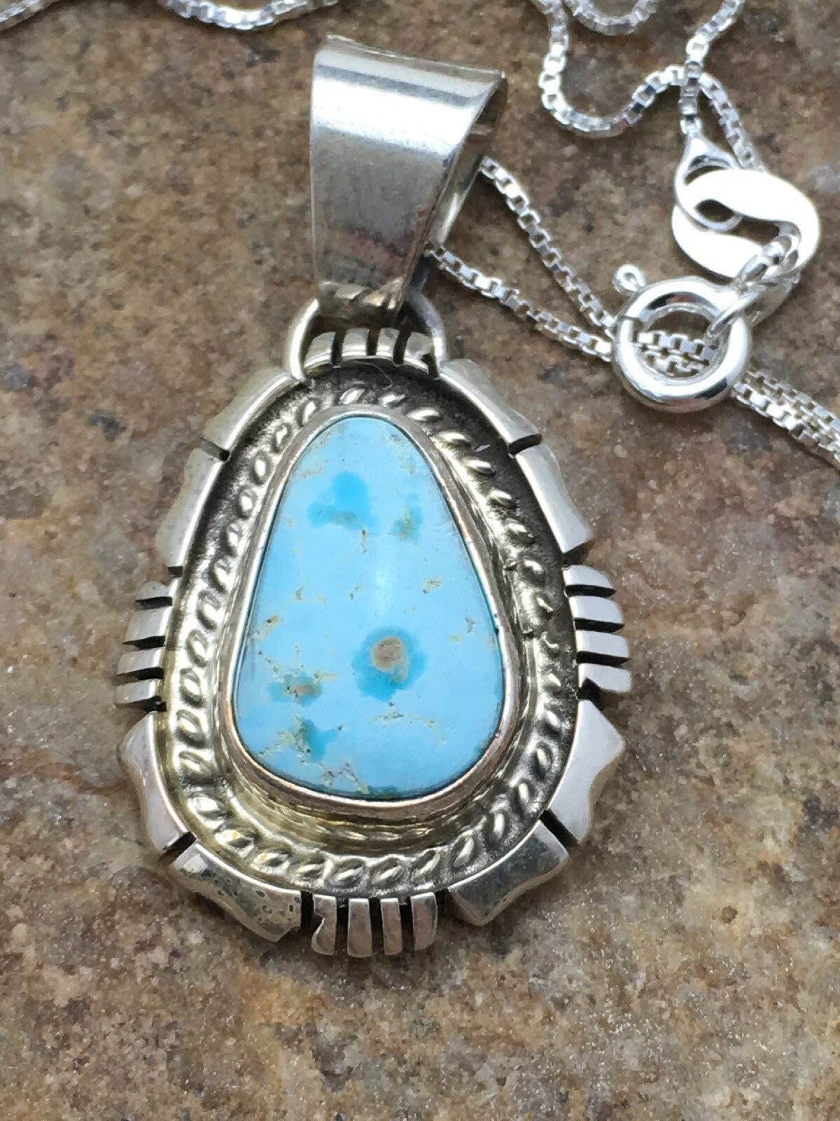 Dry Creek Turquoise Pendant Navajo Sterling Silver Chain Necklace 3107