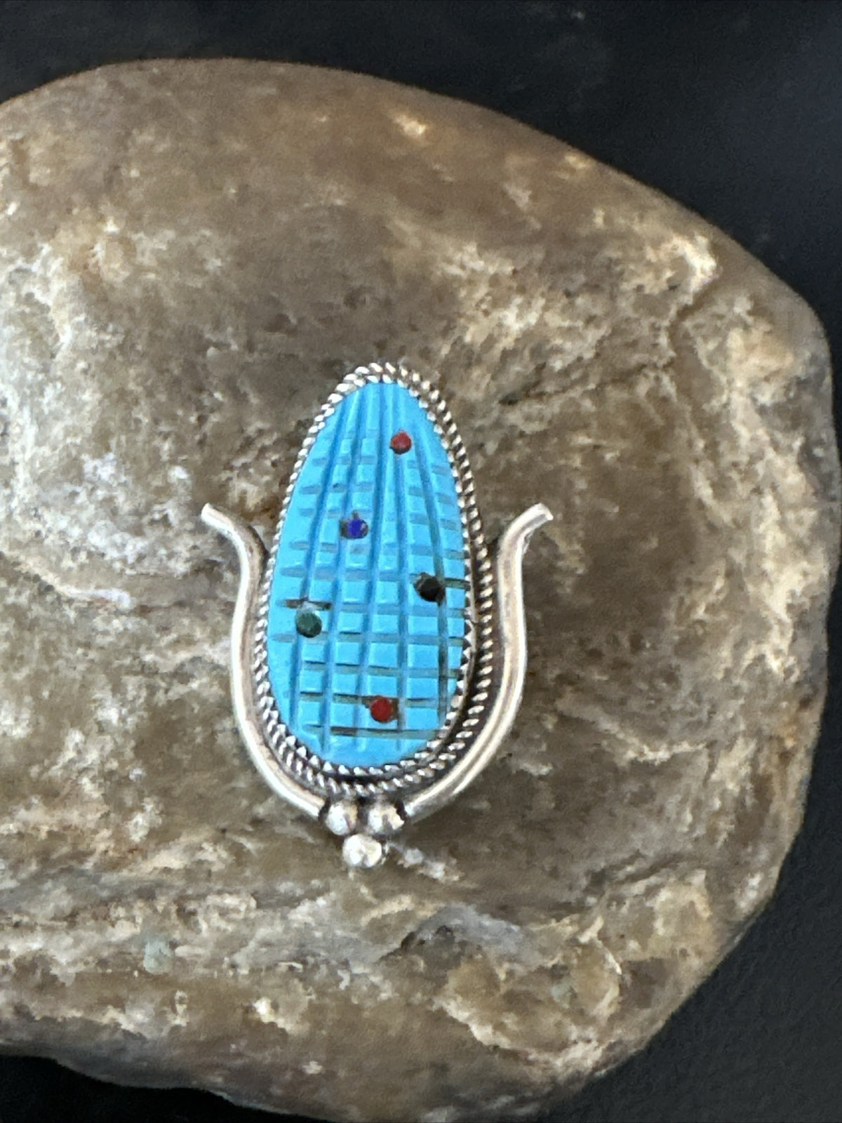 CORN INLAY Blue Turquoise MOP Spiny Zuni Sterling Silver Pin Pendant 17850