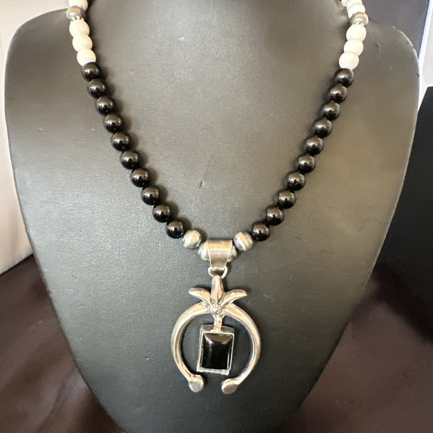 Mens Black Onyx Howlite Naja Pendant Navajo Sterling Silver Necklace 23” 17687