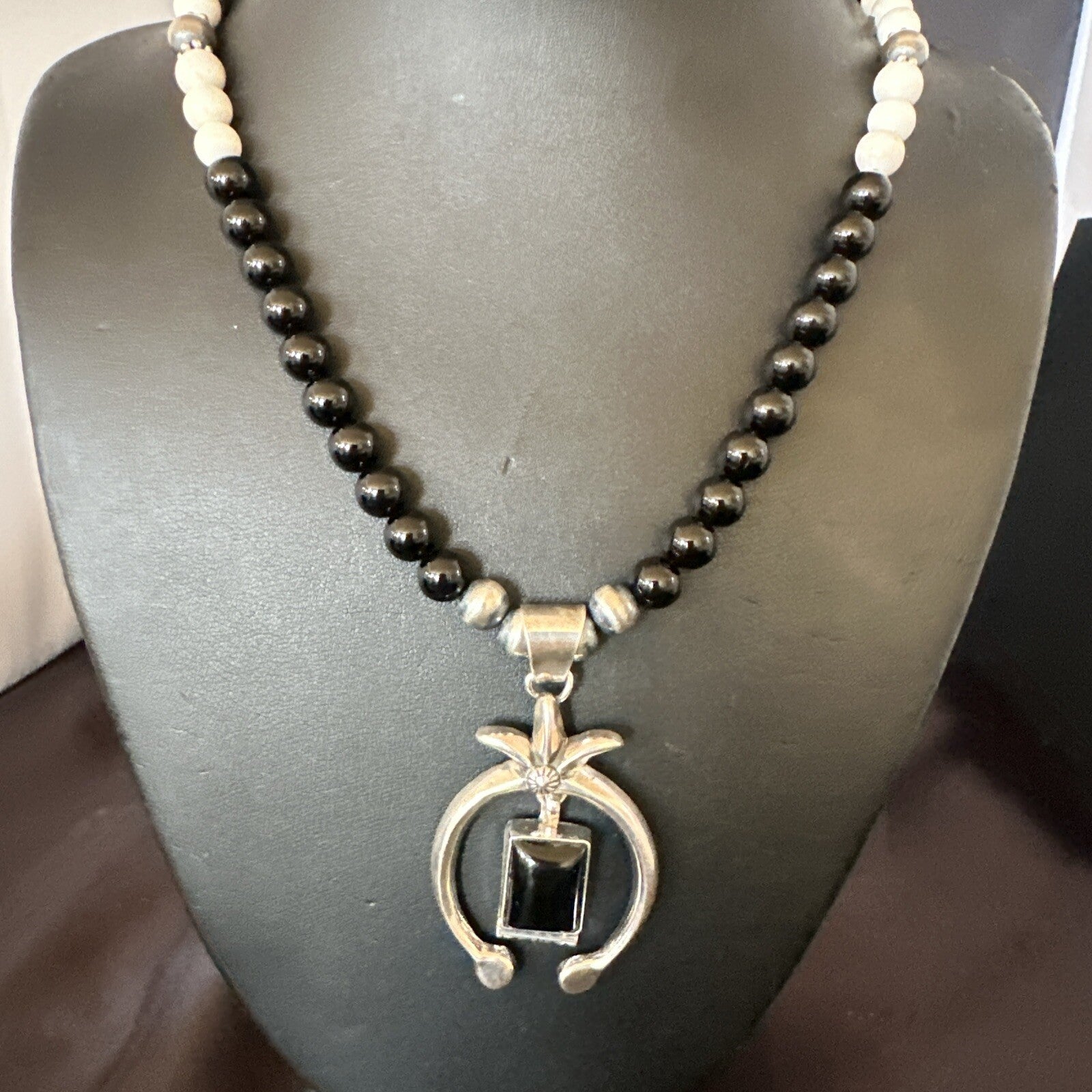 Mens Black Onyx Howlite Naja Pendant Navajo Sterling Silver Necklace 23” 17687