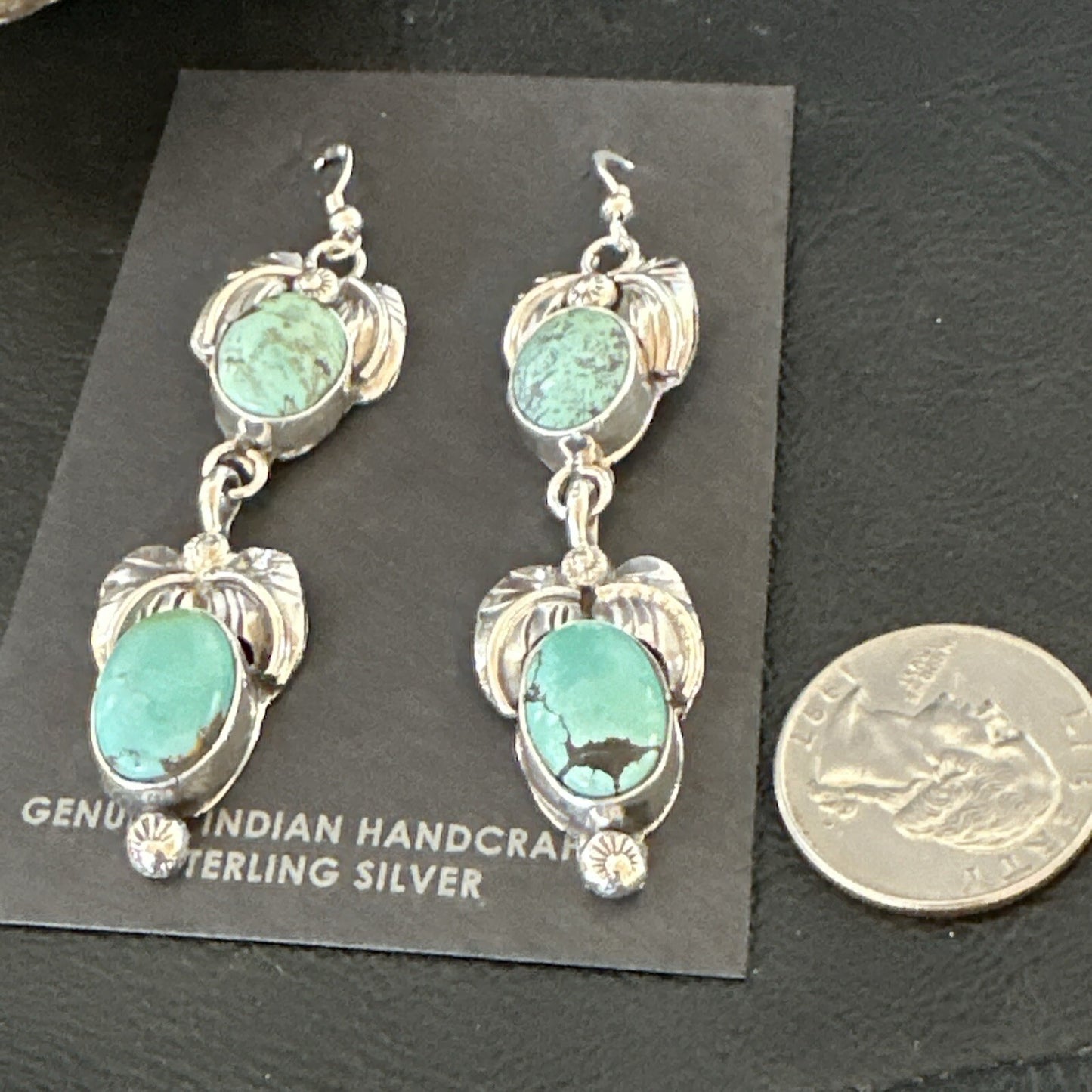 Native Navajo Green Turquoise Sterling Silver Dangle Earrings 2” 17914