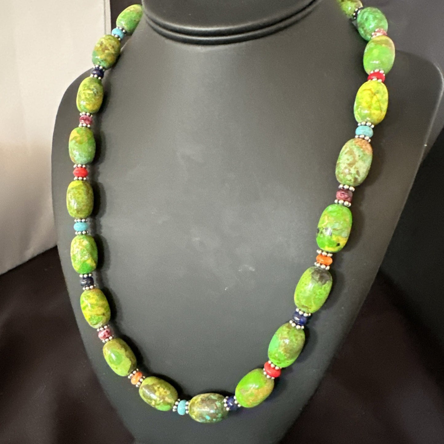 Green Turquoise Multicolor Southwestern Sterling Silver Necklace 22" 19247