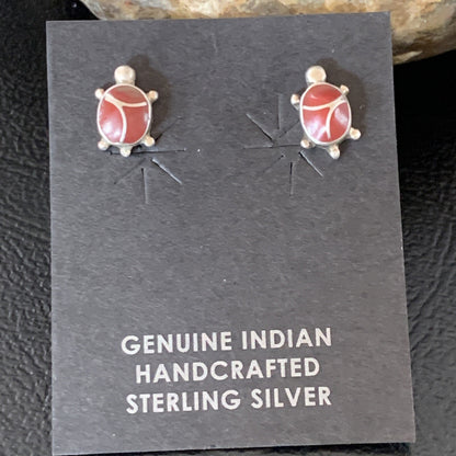 Womens Orange Spiny Oyster Turtle Inlay Navajo Sterling Silver Earrings 12833