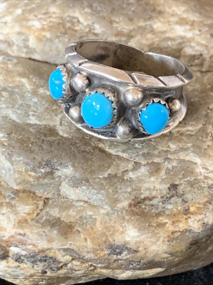 Blue Turquoise 3 stone Navajo Sterling Silver Old Pawn Ring Size 8 10788