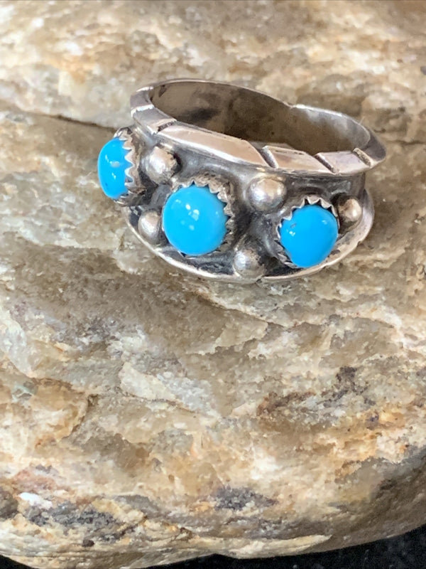 Blue Turquoise 3 stone Navajo Old Pawn Ring Size 8 | Sterling Silver | Authentic Native American Handmade | 10788