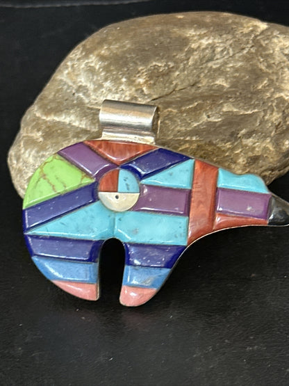 BEAR Mens Womens Navajo Sterling Multi-Color Turquoise Inlay Pendant 14226