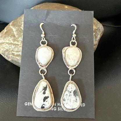 Womens White Buffalo Turquoise Navajo Sterling Silver Dangle Earrings 2” 17962