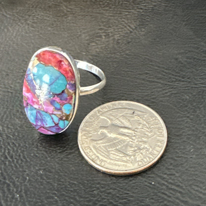 Blue Turquoise Spiny Oyster Southwestern Sterling Silver Ring Size 11 18450