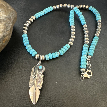 Mens Feather Turquoise Pendant Navajo Sterling Silver Necklace 18060