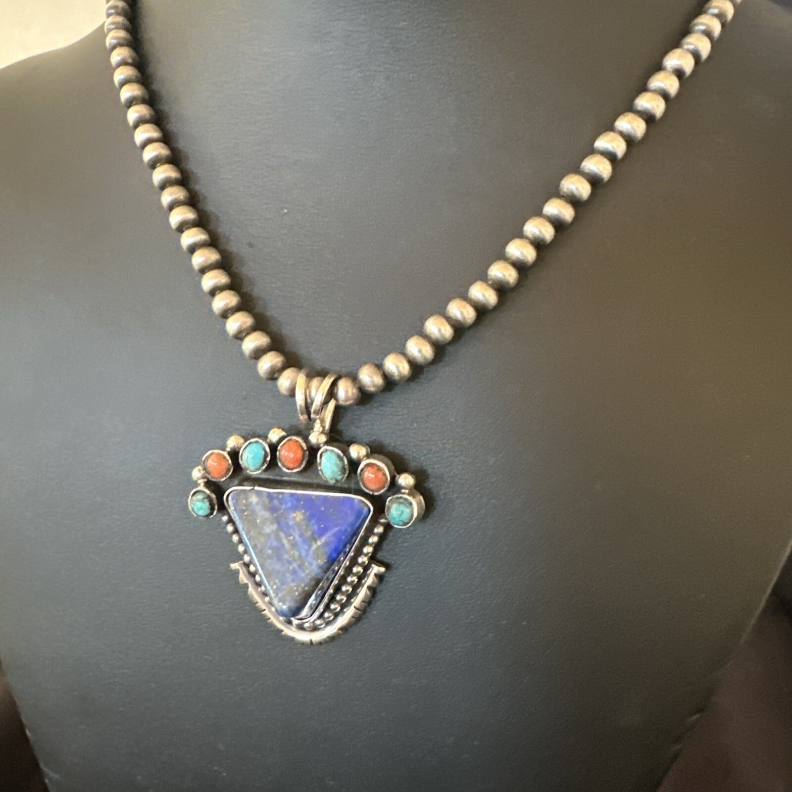 Blue Lapis Cluster Pendant Navajo Sterling Silver Beads Necklace 20" 18753