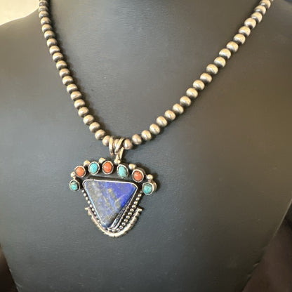 Blue Lapis Cluster Pendant Navajo Sterling Silver Beads Necklace 20" 18753