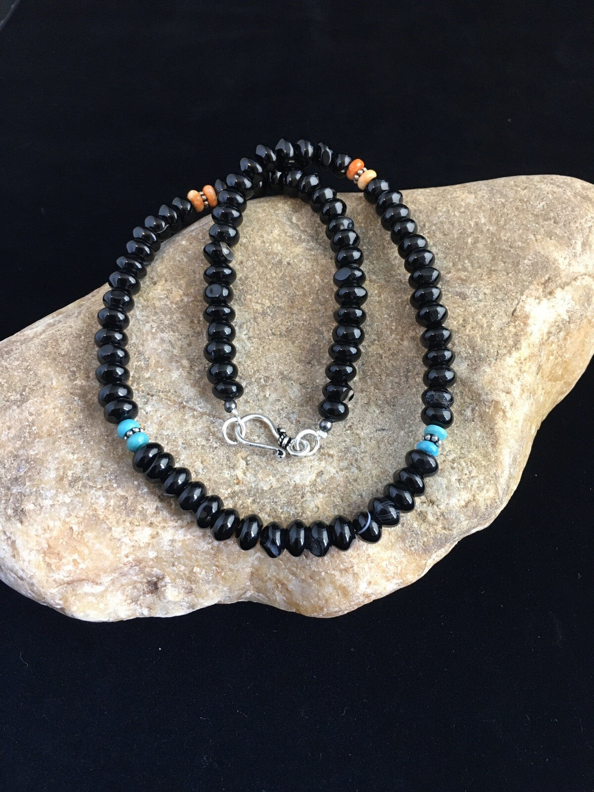 Black Onyx & Turquoise Navajo Sterling Silver Necklace 18" 10022