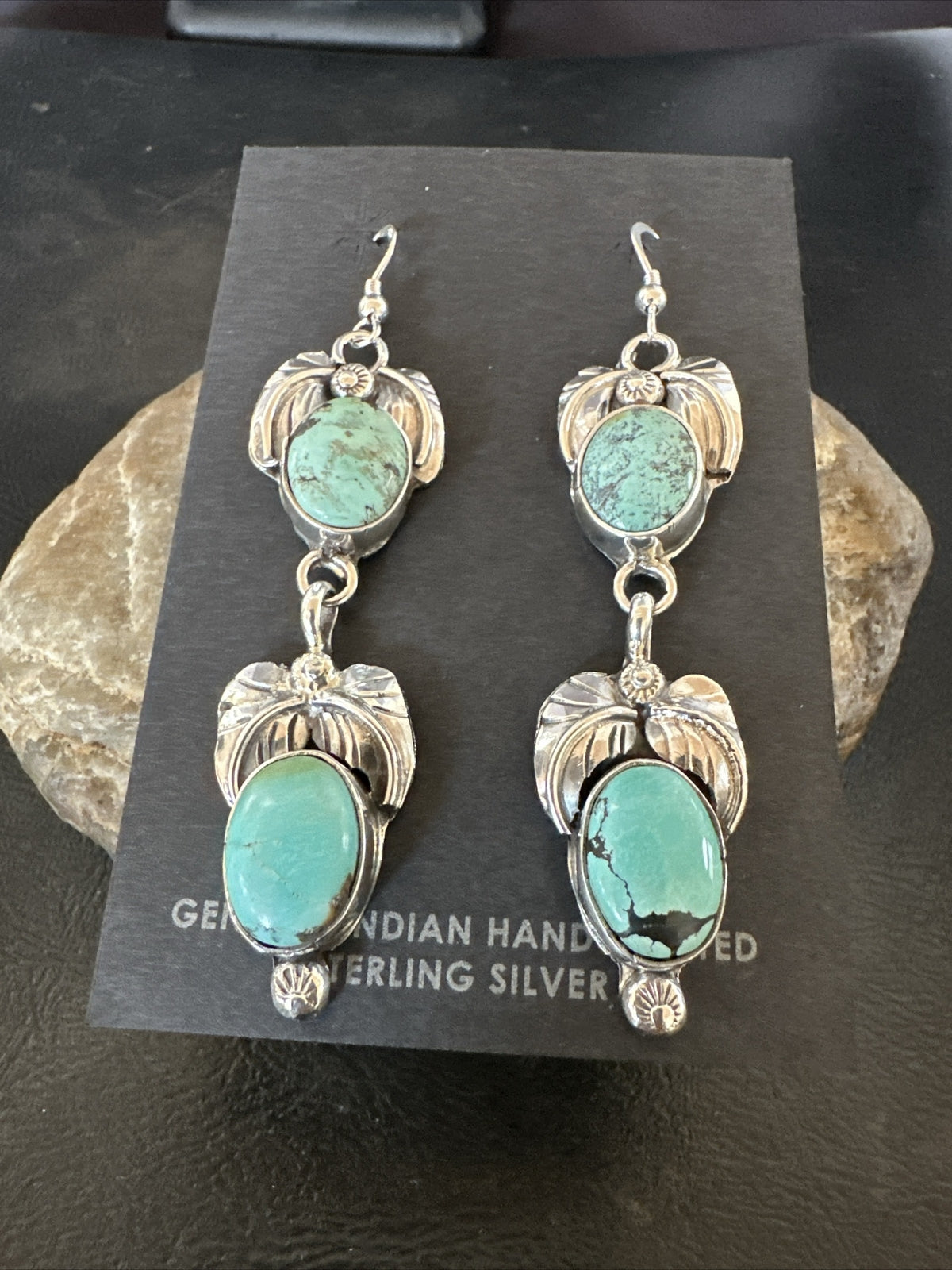 Native Navajo Green Turquoise Sterling Silver Dangle Earrings 2” 17914