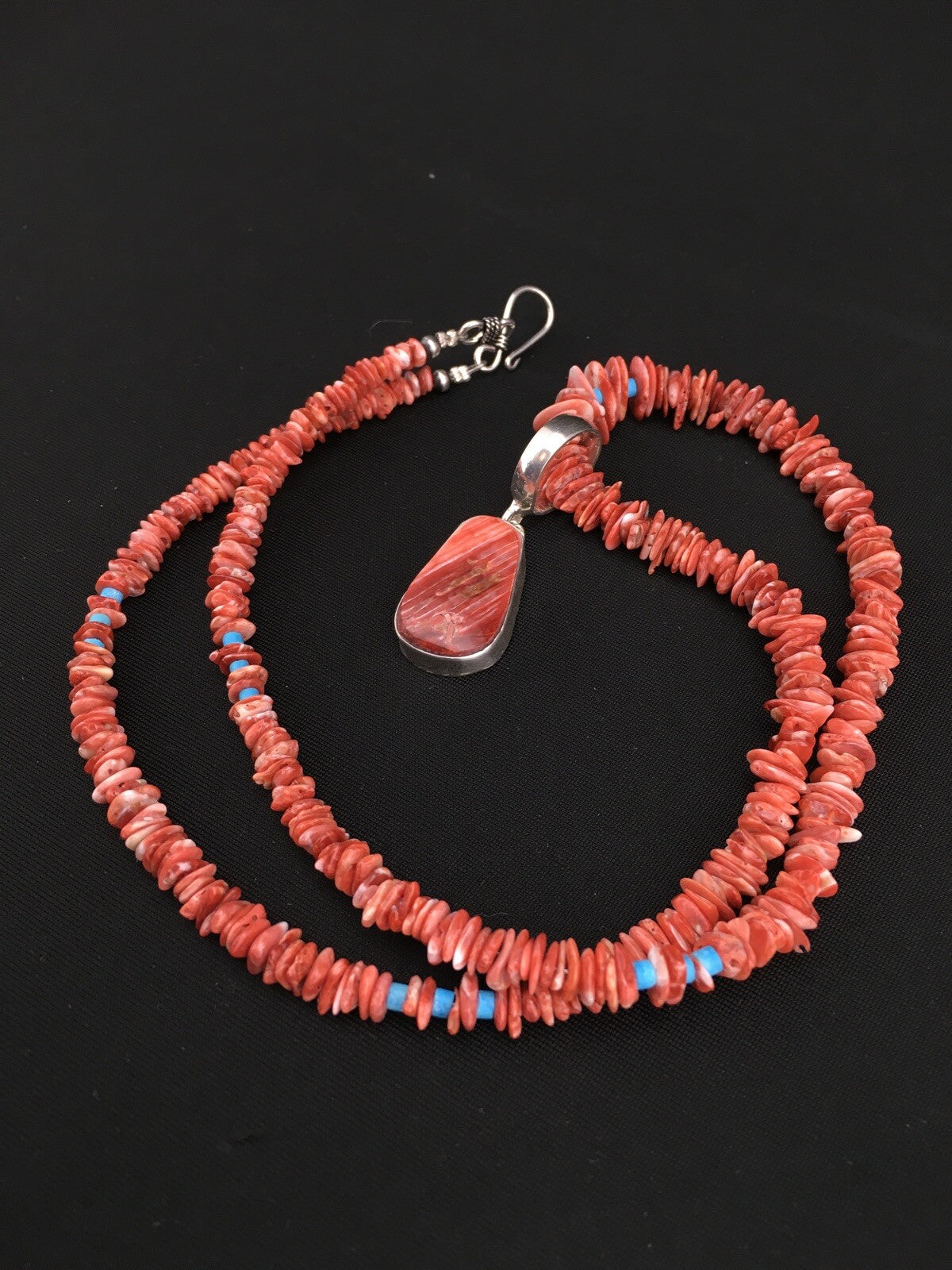 Spiny Oyster Pendant Turquoise Navajo Sterling Silver Beads Necklace 04890