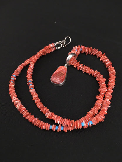 Spiny Oyster Pendant Turquoise Navajo Sterling Silver Beads Necklace 04890
