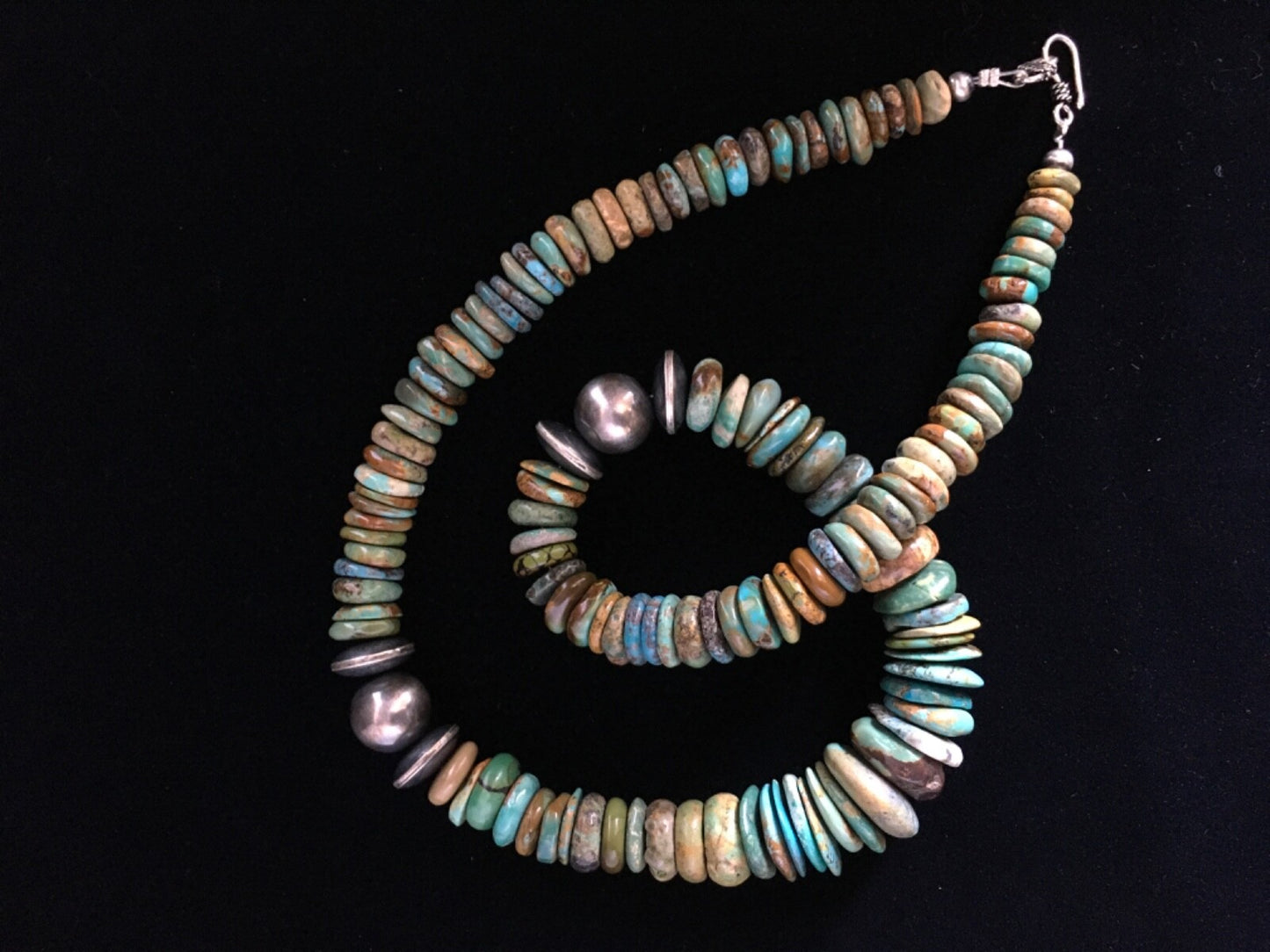 Mens Green Turquoise Graduated Navajo Sterling Silver Necklace 20" 01750
