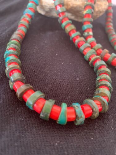 Turquoise & Coral Heishi Bead Navajo Sterling Silver Necklace 21” 04757