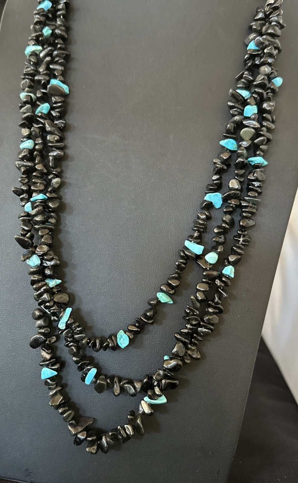 Sterling NAVAJO Black Onyx Blue Turquoise 3S Silver Necklace 30” 19577
