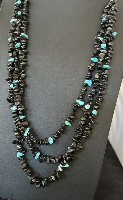 Sterling NAVAJO Black Onyx Blue Turquoise 3S Silver Necklace 30” 19577