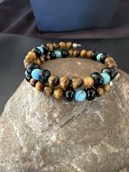 Blue Turquoise Coffee Tigers Eye Navajo Stainless Memory Wire Bracelet 19695