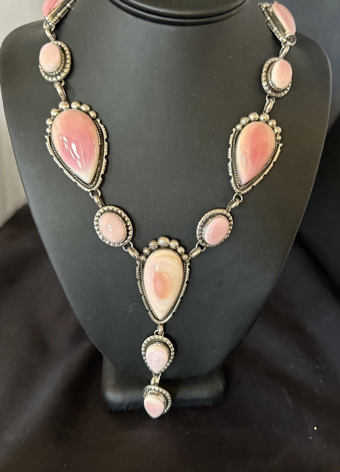 Pink Queen Conch Lariat Necklace Navajo Sterling Silver Pendant 28" 19334