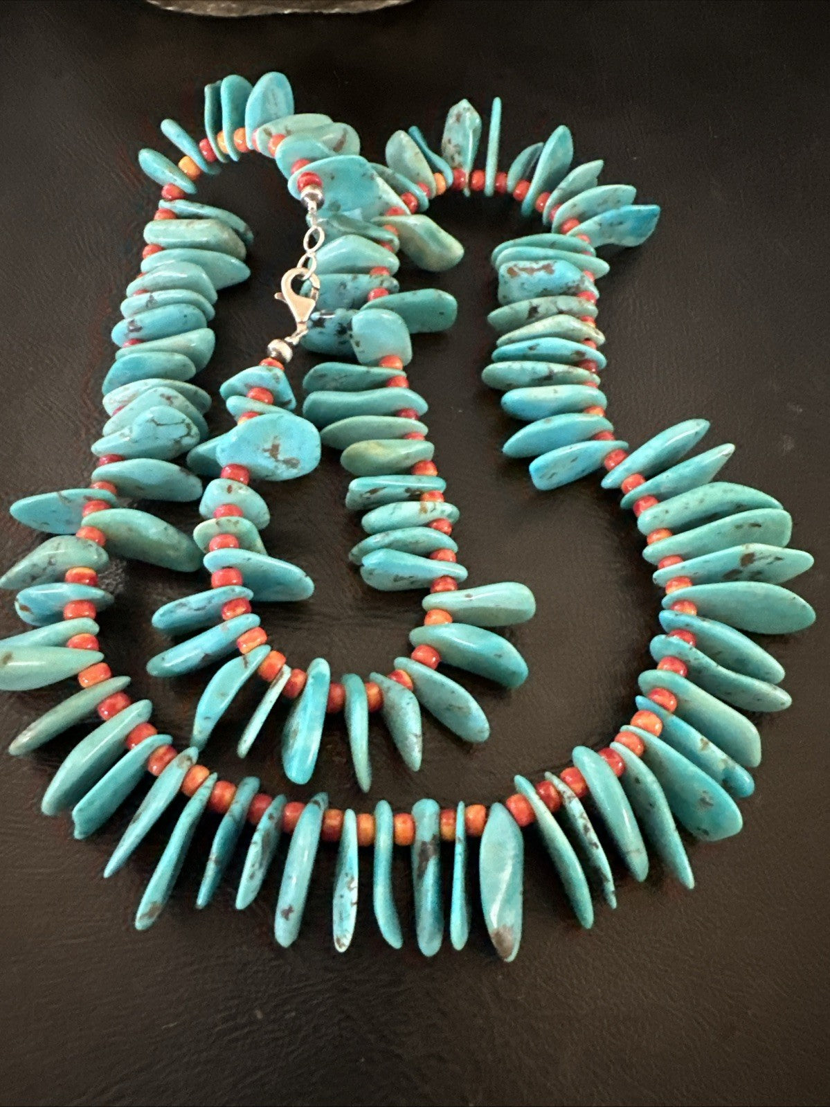 Large Blue Turquoise Red Spiny Navajo Pearls Sterling Silver Necklace 21" 19319