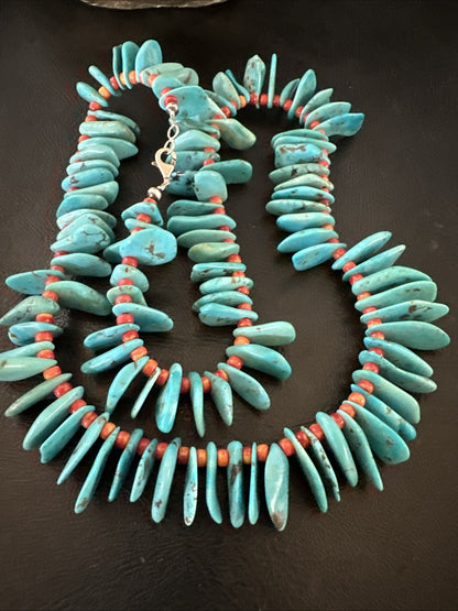 Large Blue Turquoise Red Spiny Navajo Pearls Sterling Silver Necklace 21" 19319