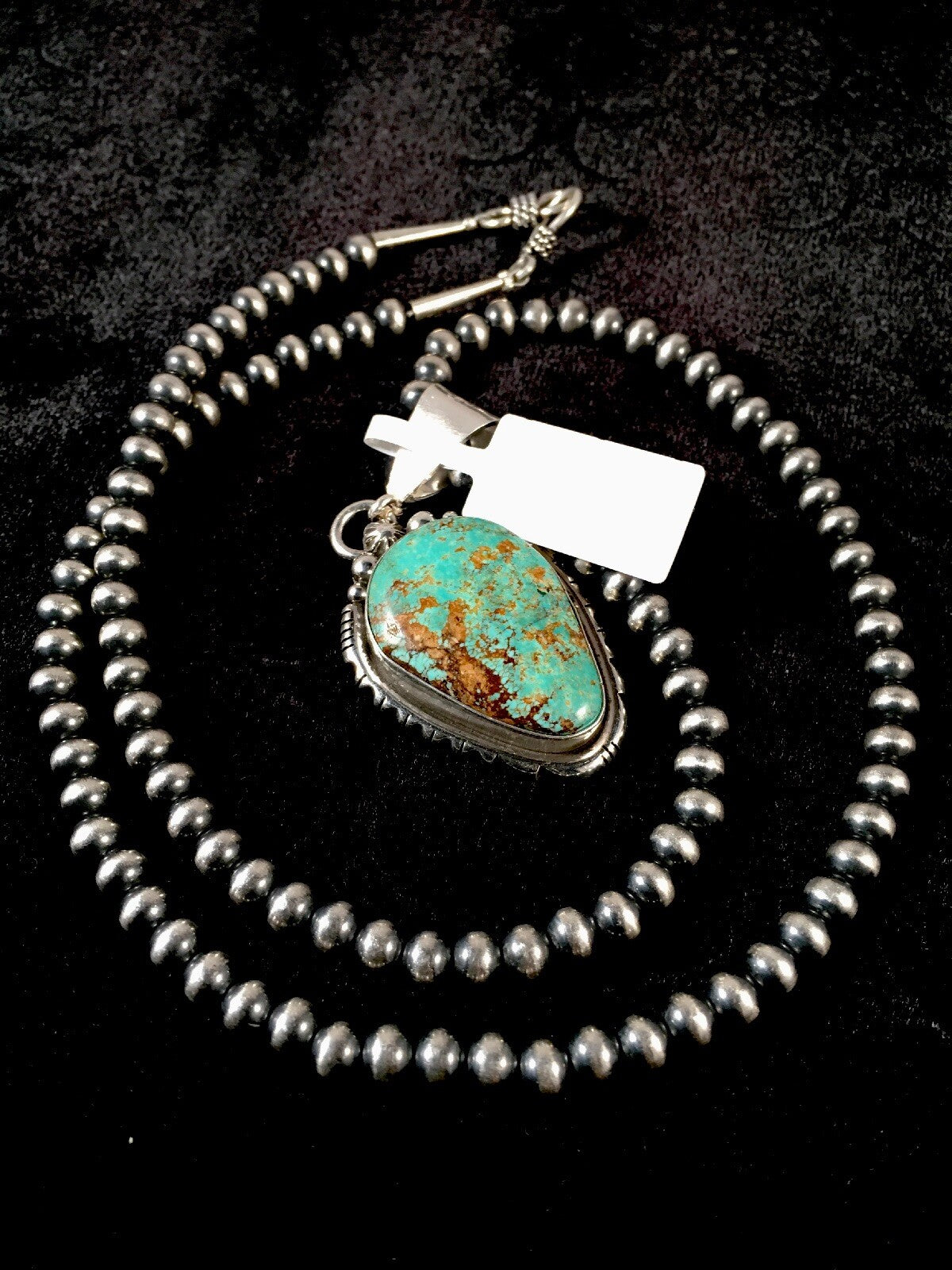 Green Turquoise #8 Pendant Navajo Pearls Sterling Silver Necklace 08678